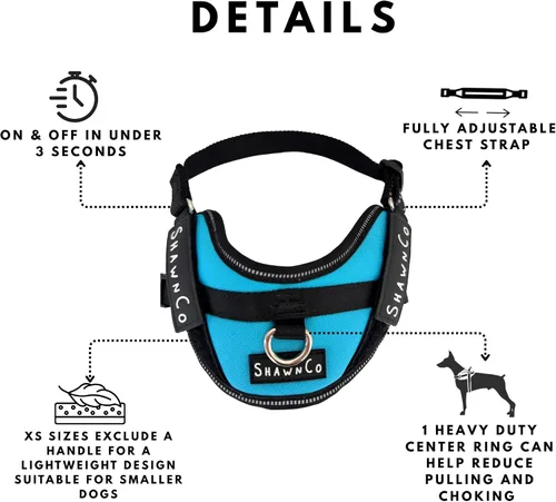 Vista 6 de ShawnCo Essential Pro - Arnés para perro, chaleco sin tirones para mascotas con 3 clips para correa y parches laterales removibles y reflectantes