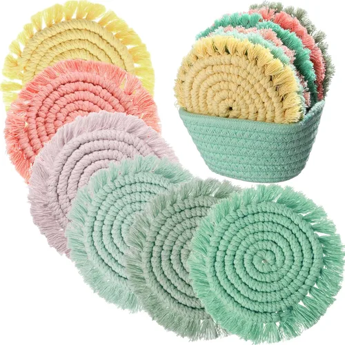 Vista 11 de Juego de 6 posavasos de algodón tejido bohemio absorbente con soporte para casa de campo, borla de macramé, regalo de inauguración de la casa
