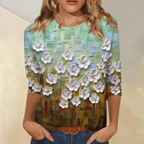 Vista 3 de Sexy Holiday Tops for Women,Causal Loose 34 Sleeve Blouse 34 Sleeve Shirts for Women Cute Flowers Print Graphic Tees