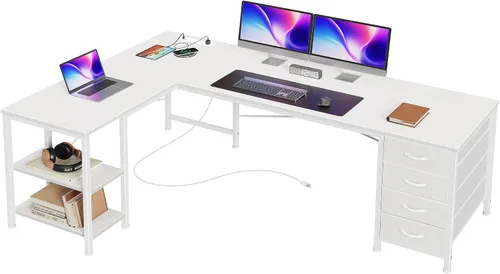 Vista 11 de Huuger Escritorio en forma de L de 55 pulgadas con cajones de tela, escritorio reversible para juegos para computadora con tomas de corriente