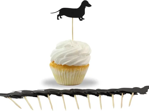 Vista 3 de Juego de 12 adornos para cupcakes de perro salchicha Weiner color negro, decoración de cumpleaños para mascotas