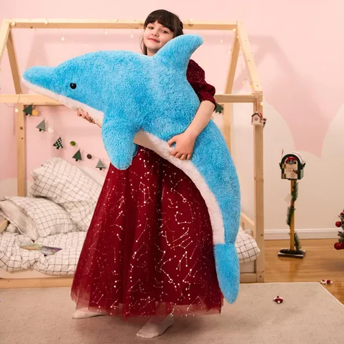 Vista 9 de MorisMos Animales de peluche gigantes de delfín de 55 pulgadas, juguete de peluche grande de delfín azul suave, regalos marinos de océano para niños