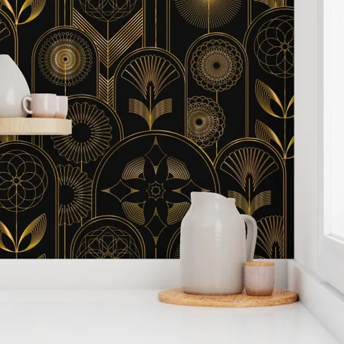Vista 8 de Spoonflower Papel tapiz para despegar y pegar, diseño de flores Art Deco de los años 20, flores negras, geométricas, oscuras, papel tapiz extraíble