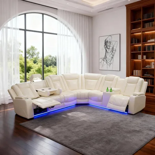 Vista 11 de Sofá Seccional Reclinable Eléctrico de Cuero Blanco Crema, Mueble Sala Cine en Casa con Iluminación LED, Consola Almacenamiento, Portavasos y Carga