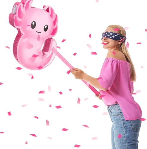 Vista 2 de Piñata de ajolote rosa para cumpleaños, fiesta de Navidad, piñata rosa con palo, confeti para Navidad, regalo de adultos, decoración de fiestas