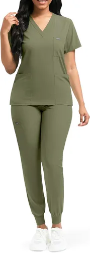 Vista 2 de niaahinn Conjunto de uniforme médico de enfermera para mujer, camiseta con cuello en V y pantalones deportivos, uniforme médico, traje para mujer