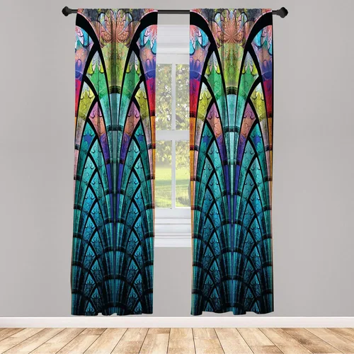 Vista 68 de Ambesonne - Cortinas amarillas para ventana, arte moderno escandinavo de escena de jardín con flores de tulipán y mariposas bailando, juego de 2