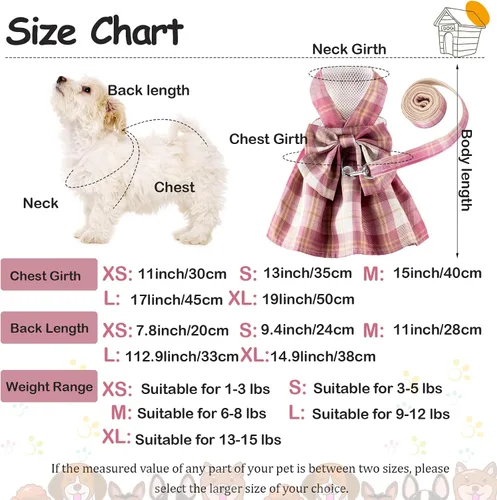 Vista 2 de Potchen Juego de 4 piezas de bonito vestido a cuadros para perro con arnés de lazo y correa para perros pequeños, ropa de cachorro para niñas