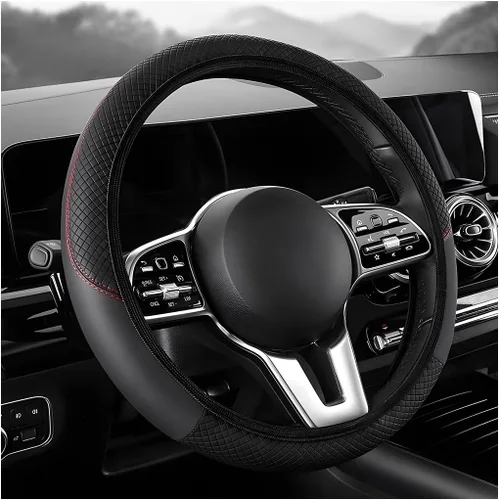 Vista 13 de Funda para volante de automóvil, 15 pulgadas, de piel de microfibra de fibra de carbono, protector elástico para volante, transpirable
