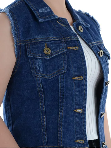 Vista 4 de Anna-Kaci Chaleco de mezclilla, sin mangas, estilo desestresado, con botones, para mujer