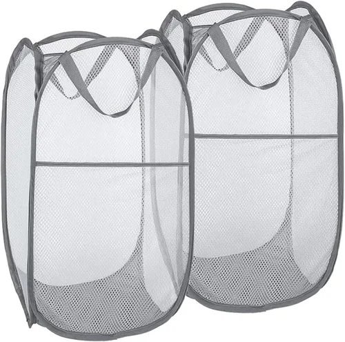 Vista 7 de Cesta de malla desplegable para la lavandería, cestas plegables para ropa sucia, cestas plegables para ropa sucia para baño, dormitorio Azul ceniza
