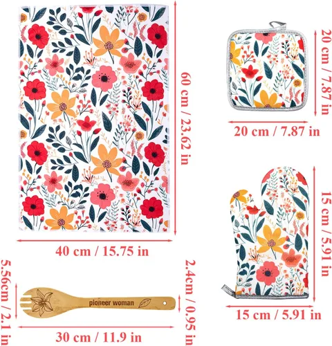 Vista 2 de 13 piezas de accesorios de cocina The Pioneer Woman incluyen 5 lindas cucharas de madera y 2 guantes de cocina Pioneer Woman y 2 soportes