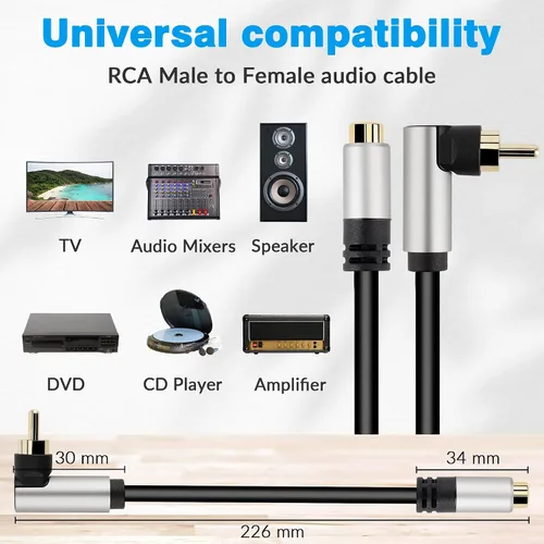 Vista 5 de Cable de extensión de audio RCA, cable RCA macho a hembra, cable de audio coaxial digital para cine en casa, HDTV, DVD, amplificadores, subwoofer