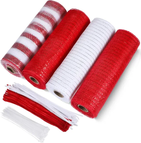 Vista 7 de Funtery 4 Rollos de 40 Yardas de Cinta de Malla Decorativa de Navidad, Cinta de Malla Decorativa con Tallo de Chenilla y Abrazaderas de Plástico