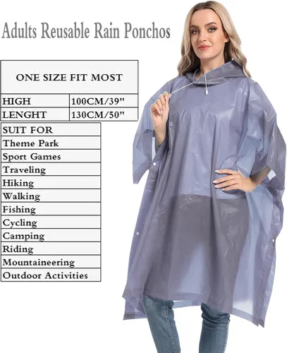 Vista 3 de Ponchos de lluvia reutilizables con capucha con cordón para adultos, abrigo de lluvia grueso impermeable, 2 paquetes