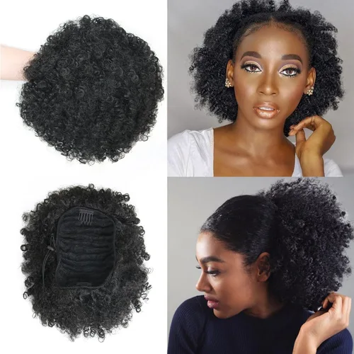Vista 9 de Extensión de cola de caballo afro con cordón para mujeres negras, extensión de cola de caballo corta afro rizada, moño de cola de caballo rizada