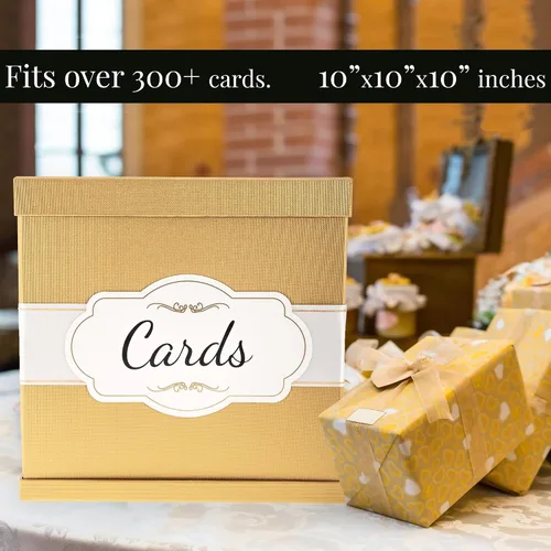 Vista 3 de Merry Expressions Caja de tarjetas dorada de 10 pulgadas, tarjetero para fiesta, caja de regalo de dinero para recepción de boda, graduación