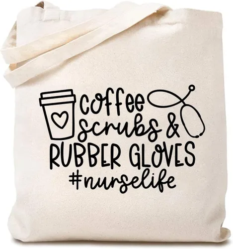 Vista 5 de TSIIUO Exfoliantes de café y guantes de goma para mujer, bolsa de lona divertida para enfermera, bolsa de compras reutilizable Negro