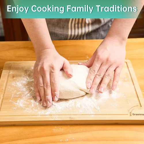 Vista 6 de Tablas de cortar de bambú para cocina, tabla de cortar de madera con soporte, juego de tablas de cortar de bambú reversible con ranuras para jugo