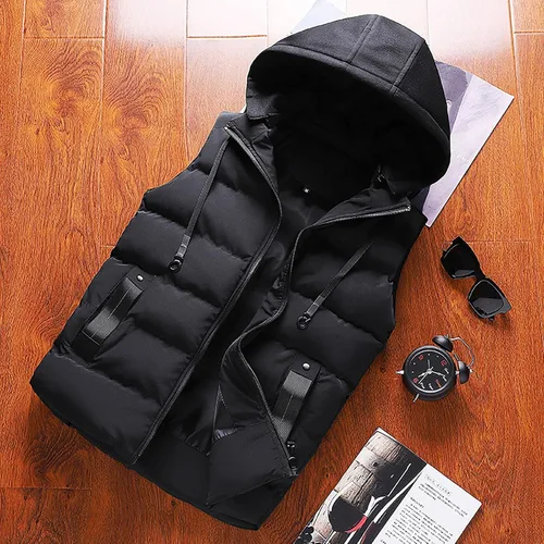 Vista 20 de WENKOMG1 Chaleco con capucha con doble cremallera para hombre, abrigo de color sólido, abrigo cálido y grueso, sin mangas, chaqueta suelta