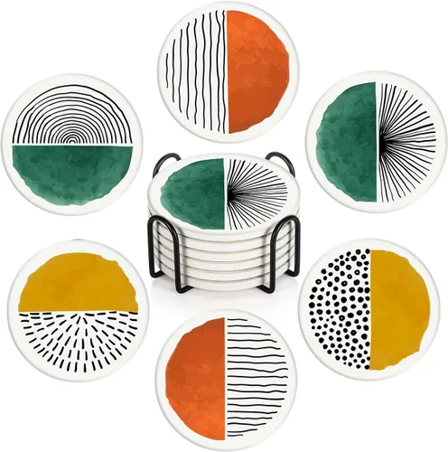 Vista 8 de Britimes Juego de portavasos de mesa para bebidas de 6 piezas, lindo diseño vintage musical retro geométrico absorbente de café redondo de cerámica