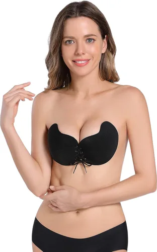Vista 3 de Sujetador adhesivo 2 pares sin espalda, sin tirantes, adhesivo, invisible, brasier push up para mujer, negro (Black and Beige), Grande