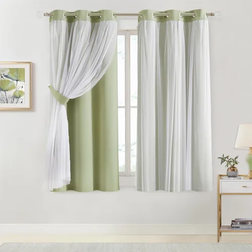 Vista 31 de Bujasso Cortinas 80% Opacas Beige con Superposición de Gasa Mezcla y Combinación Paneles de Ventana con Aislamiento Térmico de Doble Capa de 63