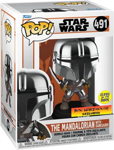 Vista 2 de POP Funko Star Wars Mandalorian con sable oscuro (cromo y brilla en la oscuridad), exclusivo