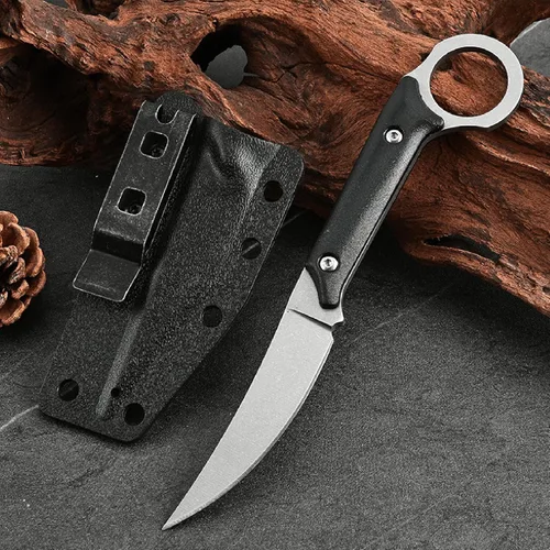 Vista 2 de Survival EDC Cuchillo de hoja fija, con funda Kydex, clip para cinturón para transporte vertical y horizontal, cuchillo utilitario de espiga