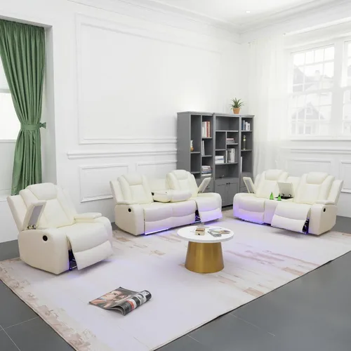 Vista 13 de Juego de sofá reclinable eléctrico de cuero con LED, juego de muebles de sala de estar, juego de sofá de cuero con puerto USB, consola