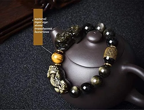 Vista 4 de LOTONTJ Feng Shui - Pulsera doble PixiuPi Yao para riqueza, prosperidad, obsidiana dorada, ojo de tigre, corazón, sutra, cristal, sanación, amuleto