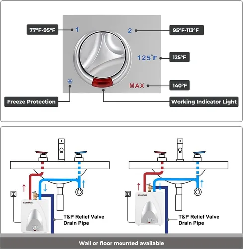 Vista 7 de CAMPLUX - Calentador de agua eléctrico de tanque de 1.3 galones debajo del fregadero, agua caliente instantánea para RV, cocina, camión