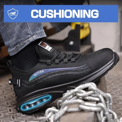 Vista 6 de GLANOUDUN Zapatos de punta de acero para hombre, zapatos de trabajo negros, zapatos de seguridad ligeros para hombres, zapatos de seguridad