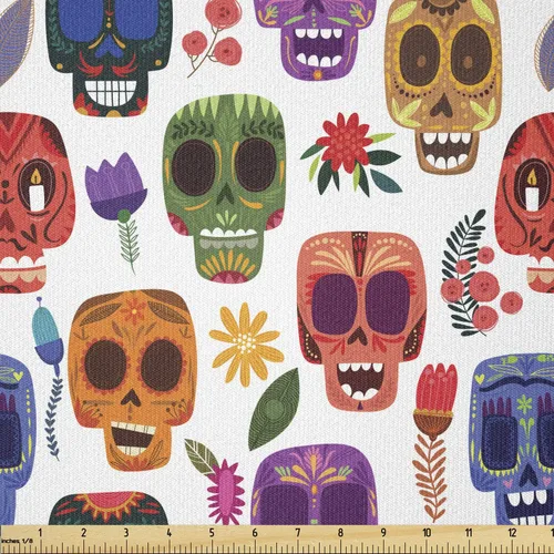 Vista 34 de Ambesonne The Yard, tela de calavera colorida con temática de Halloween, diseño de calavera y huesos cruzados, divertido estampado de dibujos