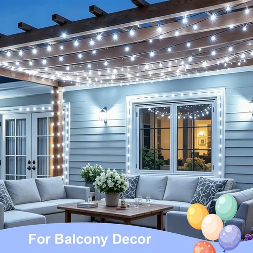 Vista 7 de QITONG Paquete de 2 tiras de luces solares blancas, 100 luces LED solares para exteriores de 33 pies, impermeables, 8 modos, alambre verde, luz