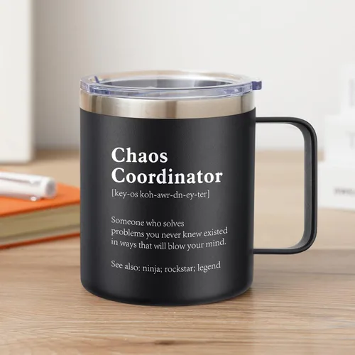 Vista 5 de NOWWISH Regalos de Navidad para Hombres, Jefe, Compañero de Trabajo, Gerente, Oficina, Maestro, Enfermera - Vaso Tumbler Coordinador del Caos