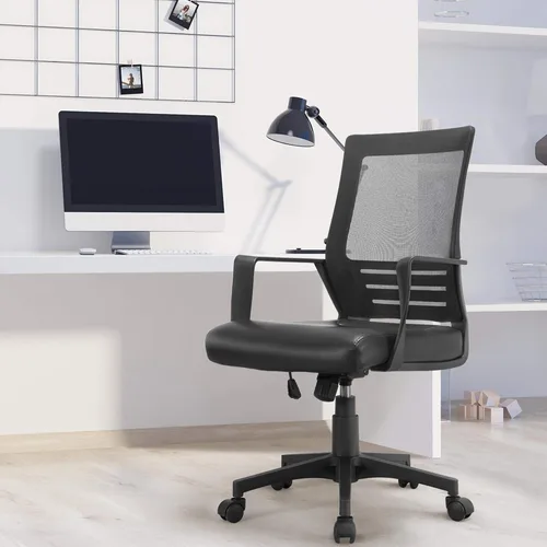 Vista 8 de Yaheetech Silla de computadora acolchada de cuero con respaldo de malla media con soporte lumbar, silla de oficina ergonómica de altura ajustable