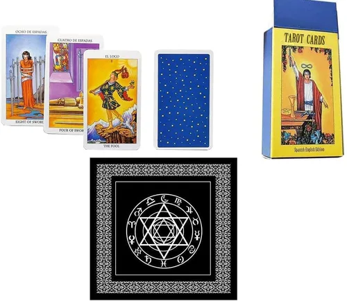 Vista 4 de VOVCIG Cartas de Tarot bilingües - Inglés y Español, Incluye Libro Guía y Mantel Especial Baraja de Tarot