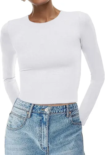 Vista 5 de Beumissy Camisas básicas de manga larga con cuello cuadrado para mujer, ajustadas, con doble forro