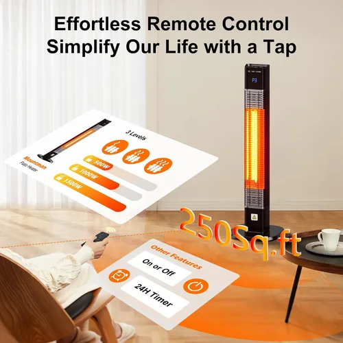 Vista 3 de Calentador al aire libre de 1500 W, calentador de patio con control remoto, 3 niveles de calor, temporizador de 24H, tubo de calentamiento de fibra