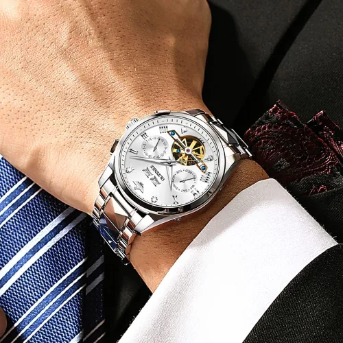 Vista 4 de OUPINKE Relojes para hombre con esqueleto automático de cuerda automática, reloj de pulsera, resistente al agua, tungsteno luminoso