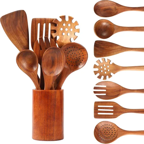Vista 12 de Juego de utensilios de cocina de madera, 7 cucharas y espátulas de madera de teca natural para sartén antiadherente