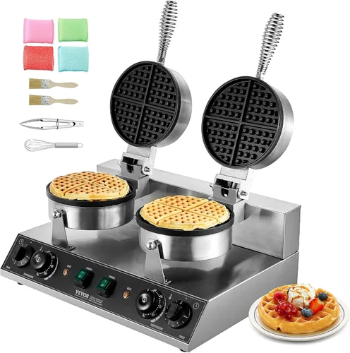 Vista 16 de VEVOR Gofrera Comercial, Máquina de Waffles Redonda de 1230W, Plancha de Waffles Belga Antiadherente de Acero Inoxidable con Control de Temperatura