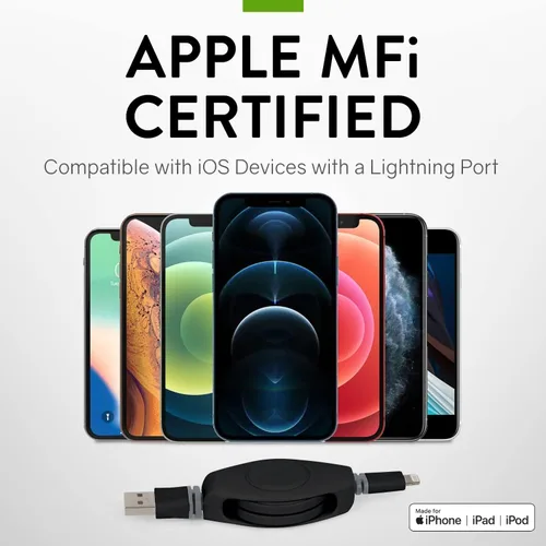 Vista 5 de ReTrak Premier Series ETLTUSBBLK Cable retráctil Lightning a USB de carga y sincronización para iPhone, iPod y iPad (negro), 3.2 pies
