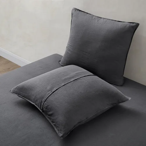 Vista 2 de ATLINIA Juego de 2 fundas de almohada 100% lino, tamaño europeo de 26 x 26 pulgadas, fundas de almohada de lino, color gris oscuro