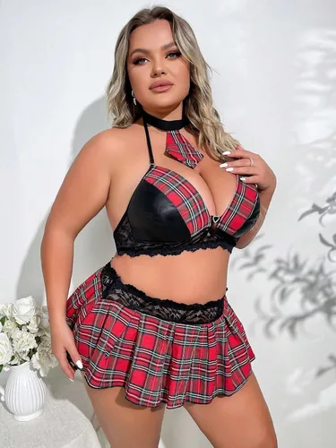 Vista 3 de WDIRARA Conjunto de lencería de 2 piezas para mujer, talla grande, a cuadros, tartán, contraste, encaje, lazo en la espalda