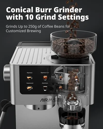 Vista 10 de AIRMSEN Máquina de café expreso con molinillo, 20 bares, varita de vapor