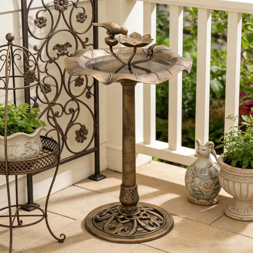Vista 4 de Magshion Bañera y comedero para pájaros de 35 pulgadas para exteriores, bañera de pájaros con pedestal con diseño de loto vintage, construcción