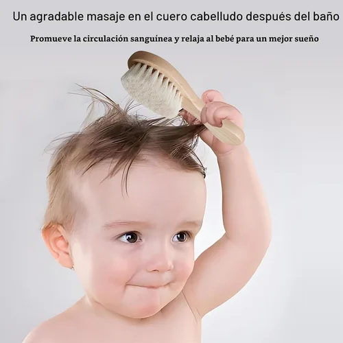 Vista 4 de Paquete de 2 cepillos de pelo de bebé con mango de madera y cerdas de cabra súper suaves para recién nacidos y niños pequeños