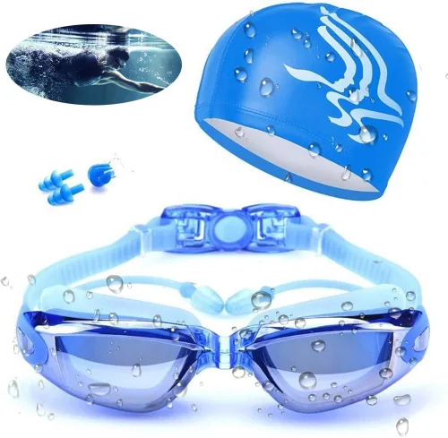 Vista 9 de Gafas de natación impermeables y juego de gorras 4 en 1, lentes de protección UV 400 transparentes antivaho Negro-1